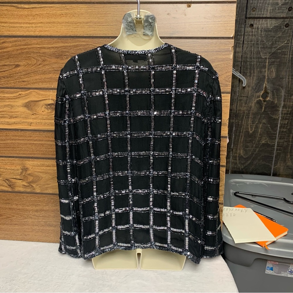 Scala Black Sequin Grid Open Front Jacket EUC - Picture 5 of 9